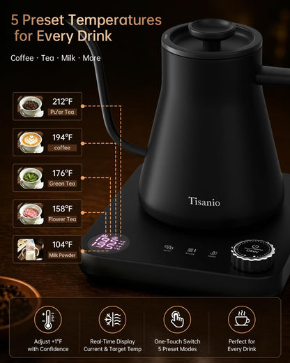 Gooseneck Electric Kettle with Temperature Control, 0.9L, Black | ±1°F Precision Pour Over Kettle, LCD Dual Display, Smart Two-Stage Heating, 2H Keep Warm, 304 Stainless Steel Interior