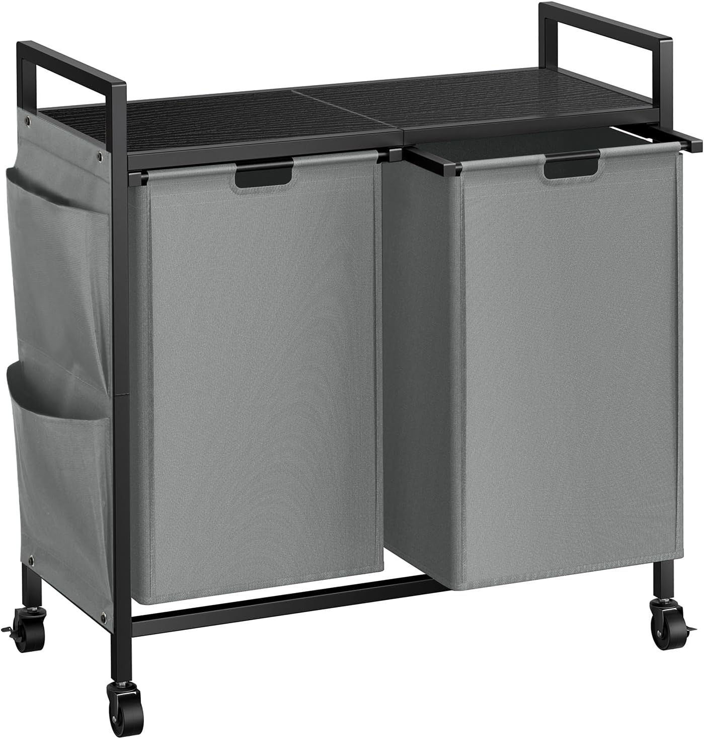 WOWLIVE Double Laundry Hamper with Wheels, Rolling Laundry Basket Organizer | Laundry Hamper 2 section with Lid, Iron-Made Laundry Sorter with Shelf, Removable Bags, Large Clothes Storage, White