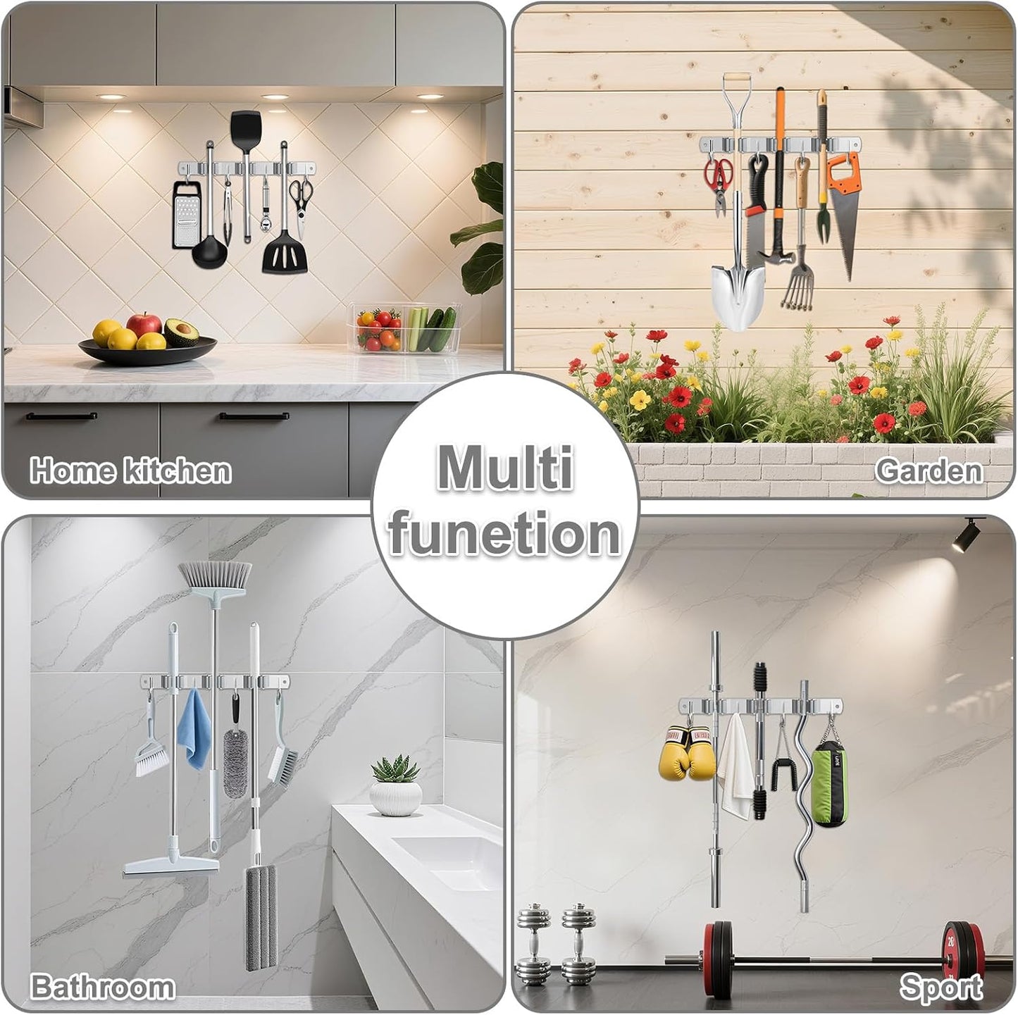 HANZENMA Broom Holder Wall Mount, Broom Organizer Wall Mount Stainless Steel Broom and Mop Hanger Heavy Duty Storage Organization for Home Kitchen Garden Garage Room 5 Racks 4 Hooks
