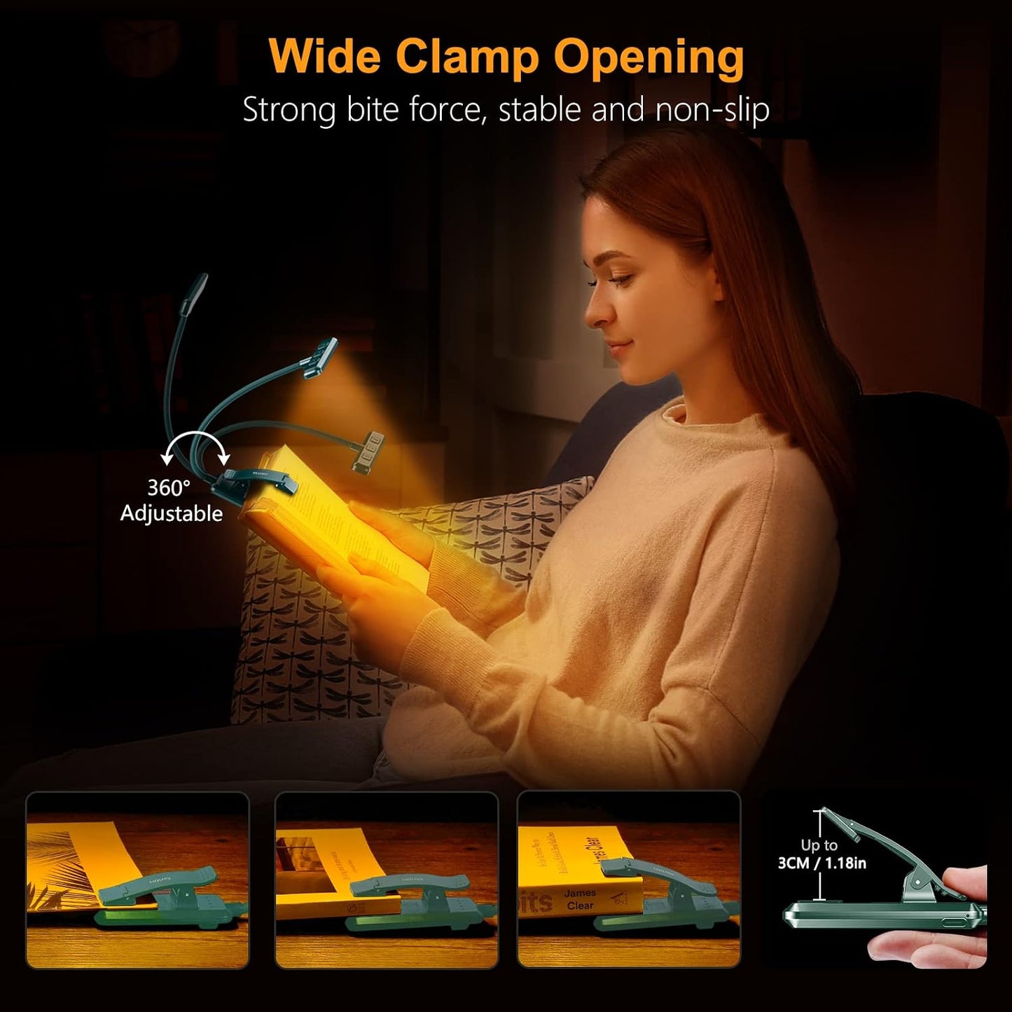 Gritin 19 LED Rechargeable Book Light for Reading in Bed | Eye Caring 3 Color Temps,Stepless Dimming Brightness,Memory Function,90 Hrs Runtime Lightweight Clip on Light for Book Lovers