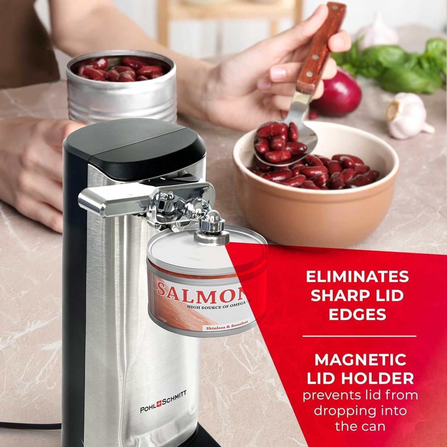 POHL SCHMITT Electric Can Opener, Knife Sharpener & Bottle Opener | Easy Push Down Lever, Works with Standard And Pop-Top Cans, Durable Stainless Steel & ABS, Kitchen Essentials and Accessories