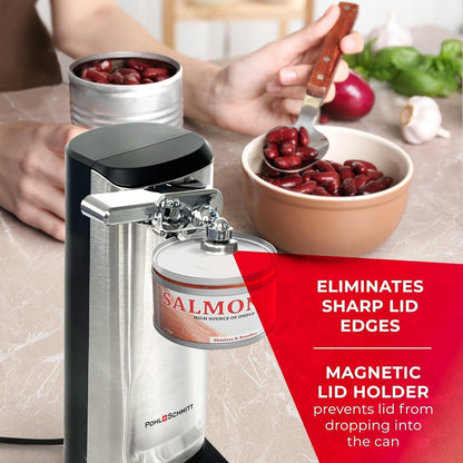 POHL SCHMITT Electric Can Opener, Knife Sharpener & Bottle Opener | Easy Push Down Lever, Works with Standard And Pop-Top Cans, Durable Stainless Steel & ABS, Kitchen Essentials and Accessories