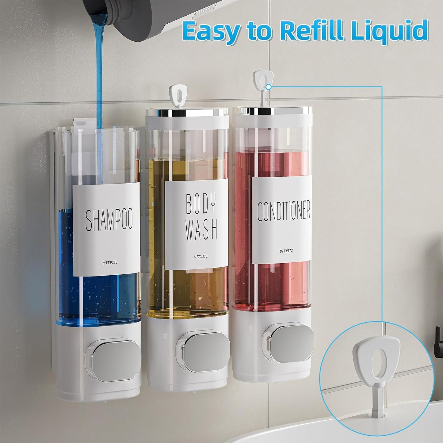 Shampoo and Conditioner Dispenser for Shower Wall Mount 3 Chamber, Black | Shower Soap Dispenser for Wall, 10.2 OZ Plastic Refillable Body Wash Bottles for Bathroom, No Drill Wall Mounted
