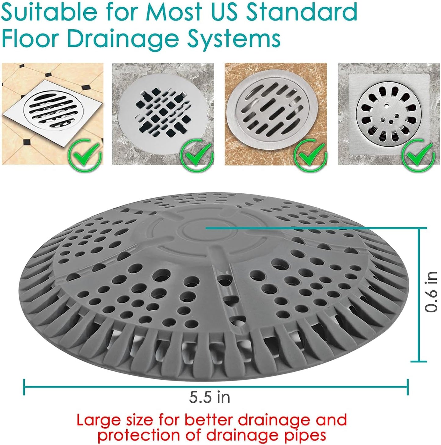 Shower Drain Hair Catcher, 5.5in Shower Hair Catcher Large Premium Silicone Drain Protector Strainer, Shower Drain Cover for Shower Room, Floor Drain, Bathroom Sink, Dark Grey