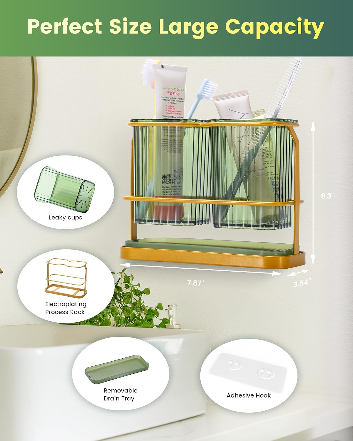Clear Toothbrush Holders for Bathroom, 2 Cups Wall Mounted, Dry & Wet Separation, Organizers and Storage Set for Family Kids