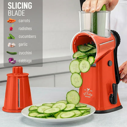 Zulay Kitchen Rotary Cheese Grater 5 Blade Cheese Shredder - Manual Hand Crank Cheese Grater With Reinforced Suction & 5 Interchangeable Drums - Easy to Use, Vegetable Chopper Round Mandoline Slicer - Colors B