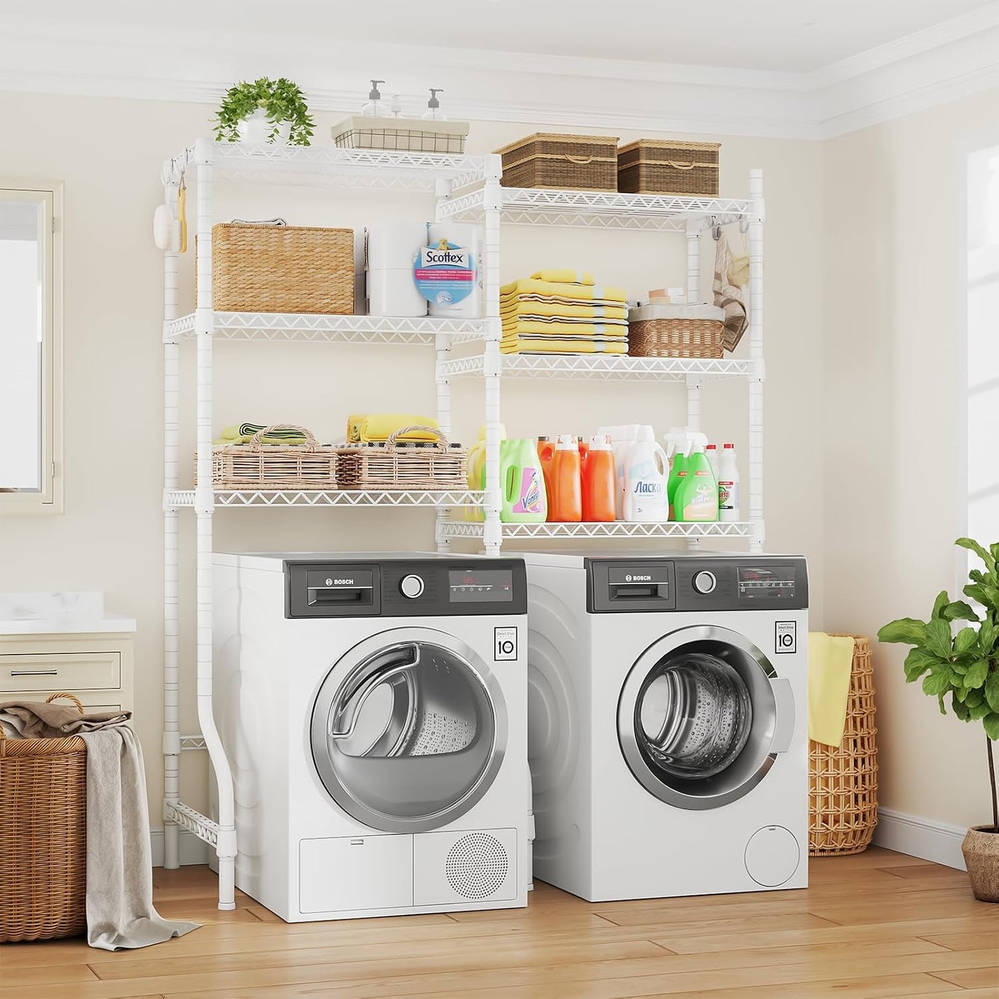U15 Over Washer and Dryer Storage Shelves, Laundry Room Metal Rack | 6-Tier Shelf Space Saver Holds 568lbs, Above Washer Dryer Storage Rack for Organization, 63.4"W x 17.3"D x 76.4"H, Black