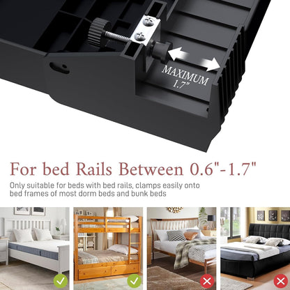 COLMO Folding Clip-On Bedside Shelf with Cup Holder, Black | Foldable Space-Saving, USB Cable Slot, Removable Hanging Cup, Moveable Side Hook, Dorm & Loft Bed Ready