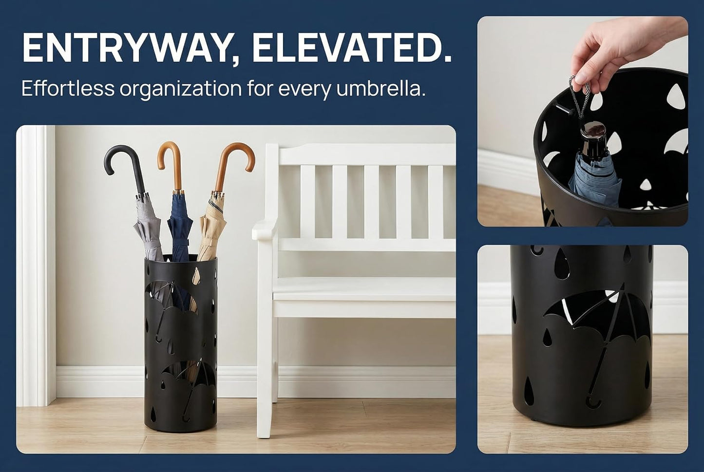BEWBBAT Metal Umbrella Stand Rack for Entryway, Black Round Free Standing Umbrella Holder Organizer Bin with 3 Hooks for Walk Stick, Home Office Indoor, 17 x 7 Inch