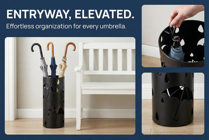 BEWBBAT Metal Umbrella Stand Rack for Entryway, Black Round Free Standing Umbrella Holder Organizer Bin with 3 Hooks for Walk Stick, Home Office Indoor, 17 x 7 Inch