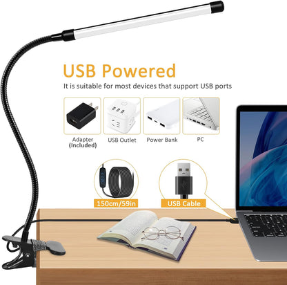 Clip on Desk Lamp with Clamp,Dimmable Eye Caring Book Reading Light for Bed | 54 LED 3 Color 10 Brightness, Push Button,USB Powered with Adapter, Flexible Gooseneck Clamp Lamp for Computer Workbench Nail