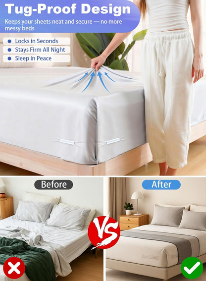 Bed Sheet Holders for Corners, 4PCS Heavy Duty Sheet Locks for Fitted Sheets, Invisible Non-Slip Locking Clips & Corner Grippers to Keep Sheets Firm & Tight, Easy Install, Universal Fit
