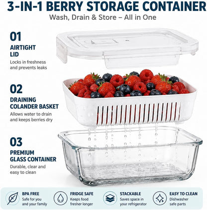 Glass Berry Container for Fridge, 3 Pack, 56oz 35oz 25oz, with Removable Colander and Vent Valve, Fresh Produce Storage Set(White)