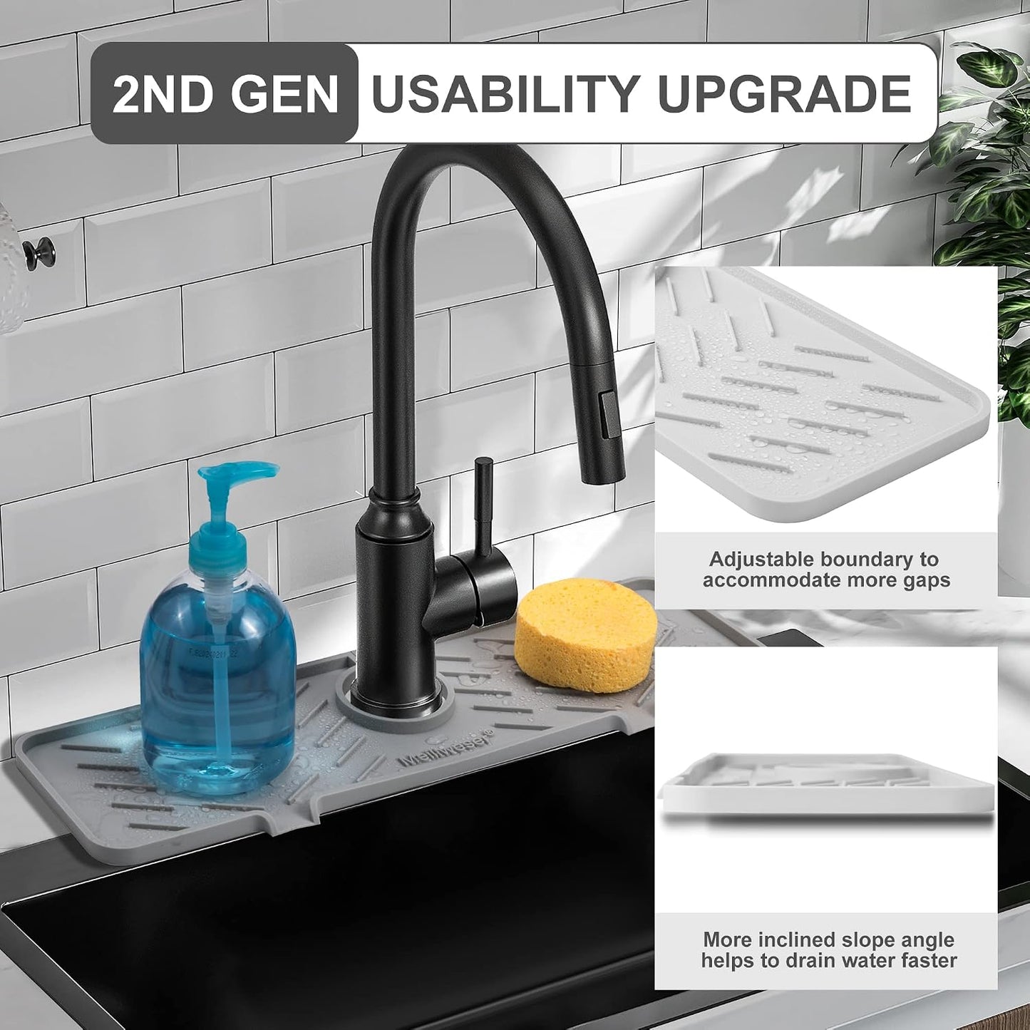 Silicone Faucet Mat for Kitchen Sink – Gen 2 Splash Guard with Upgraded Outlet & Slope – 18” x 5.1” Water Catcher & Sink Sponge Holder for Kitchen and Bathroom (Black)