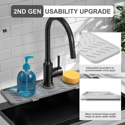 Silicone Faucet Mat for Kitchen Sink – Gen 2 Splash Guard with Upgraded Outlet & Slope – 18” x 5.1” Water Catcher & Sink Sponge Holder for Kitchen and Bathroom (Black)