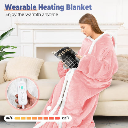 Wearable Heated Blanket with Foot Pocket, Electric Wearable Throw Blanket with Sleeves, Hood, Portable Heated Blanket with 8 Heat Settings, 1-10 Hours Auto Shut-off, Gift for Family, Friends, 50*70"