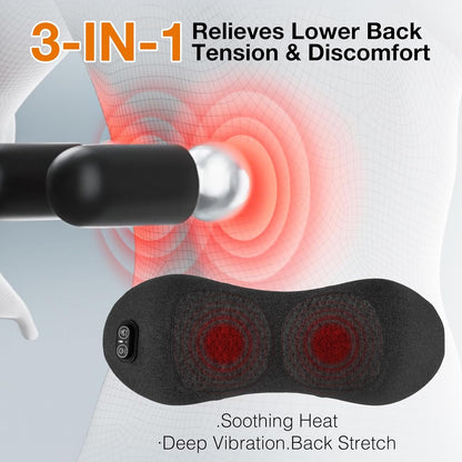 Upgraded 3-in-1 Portable Lumbar Pillow for Back Relief, Smooth Spine Triple Fusion Back Massager with Stretch, Vibration & Heat for Deep Relaxation on Bed, Sofa & Car