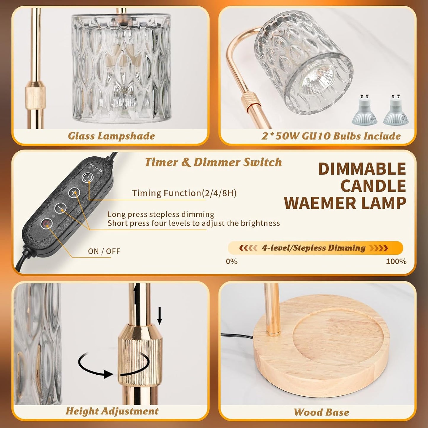 HAIDOLIANG Blue Candle Warmer Lamp with Timer and Dimmer | Height and Brightness Adjustable,Glass Electric Wax Warmer with 2 Bulbs for Women Gifts, Home Decor for Scented Jar Candles