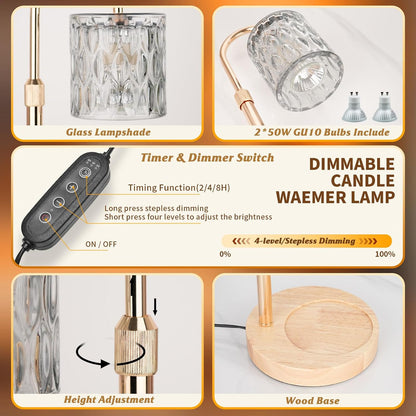 HAIDOLIANG Blue Candle Warmer Lamp with Timer and Dimmer | Height and Brightness Adjustable,Glass Electric Wax Warmer with 2 Bulbs for Women Gifts, Home Decor for Scented Jar Candles