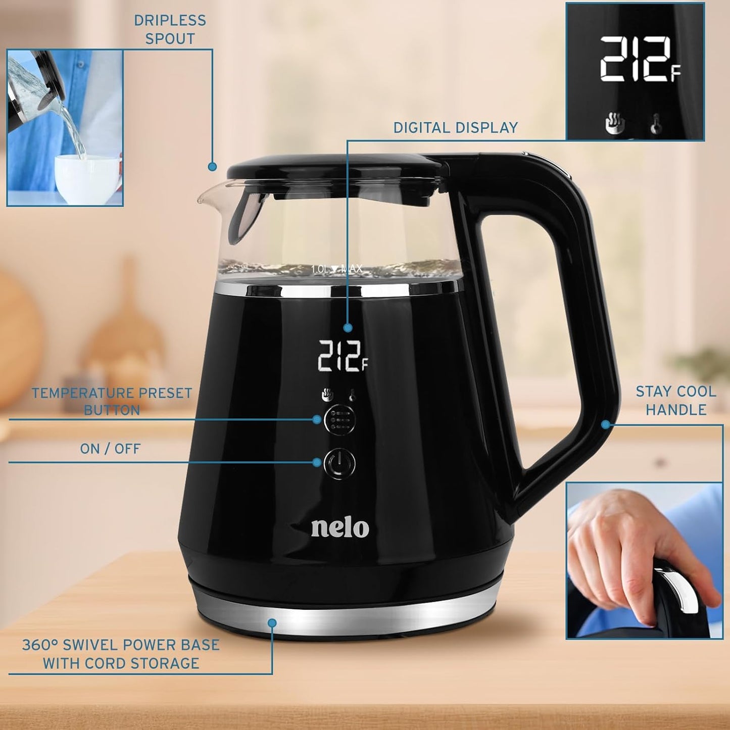 NELO Electric Kettle with 5 Temperature Control Presets, Large Digital Temperature Display, Multi-Colored LED Indicator Lights, Black Tea Kettle & Hot Water Boiler, 360° Base, BPA-Free, 1 Liter