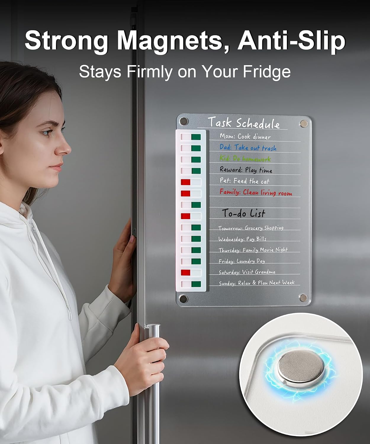 Magnetic Acrylic Dry Erase Board for Fridge, to Do List White Board with Sliding Buttons, 12"X10" Clear Chore Chart for Adults, Reusable Refrigerator Whiteboard Includes 5 Markers