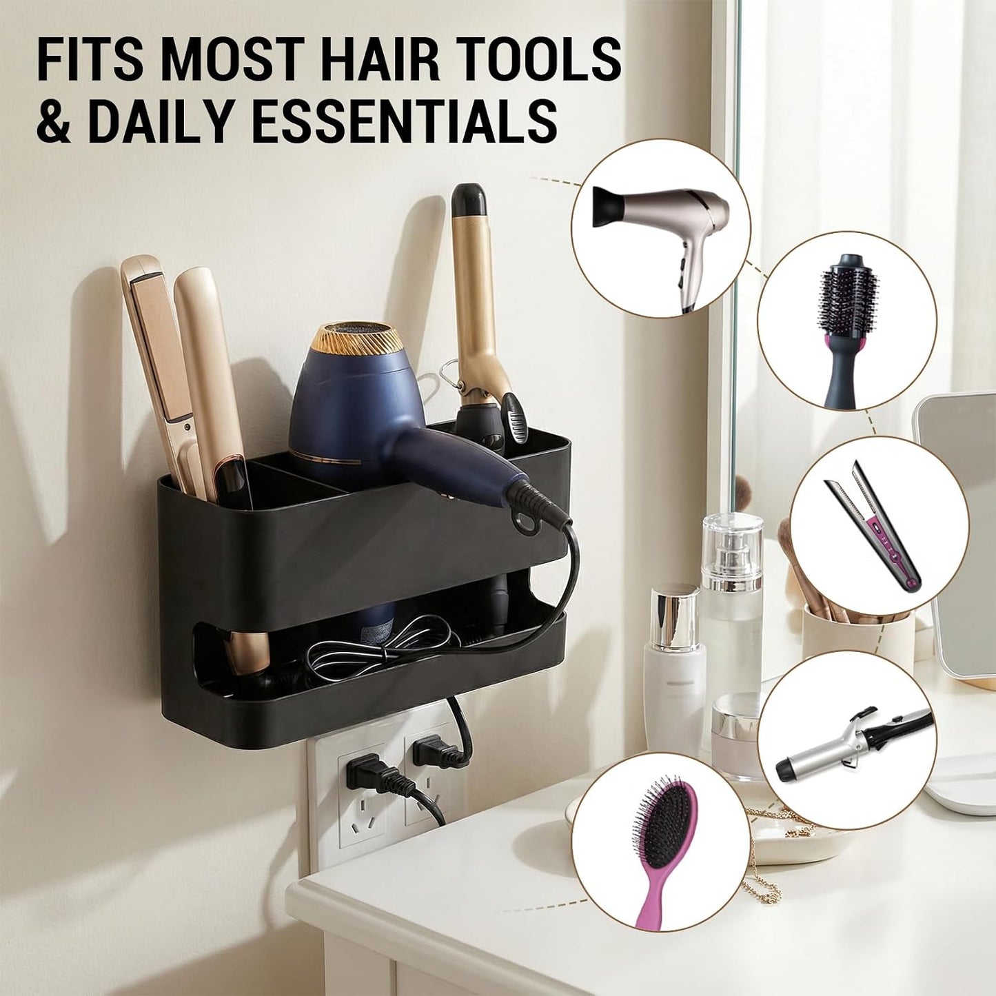 MyGift Wall Mount Salon Hair Tool Organizer with 3 Slots, Black Metal | Wall-mounted black metal storage features 3 slots for curling irons, blow dryers, straighteners, and hair brushes