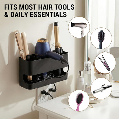 MyGift Wall Mount Salon Hair Tool Organizer with 3 Slots, Black Metal | Wall-mounted black metal storage features 3 slots for curling irons, blow dryers, straighteners, and hair brushes