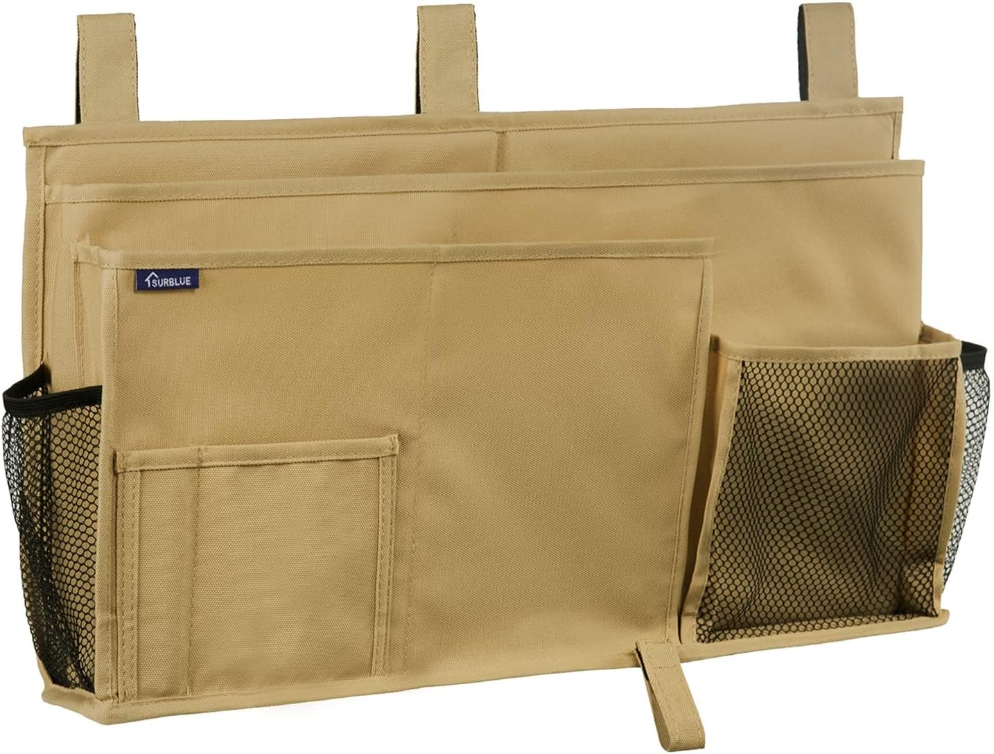 Surblue Bedside Caddy Hanging Organizer Storage Bag Pocket for Bunk, Hospital, College Dorm Rooms, Baby Bed Rails, Camp - 4 Pockets, 2 Hooks (Blue)