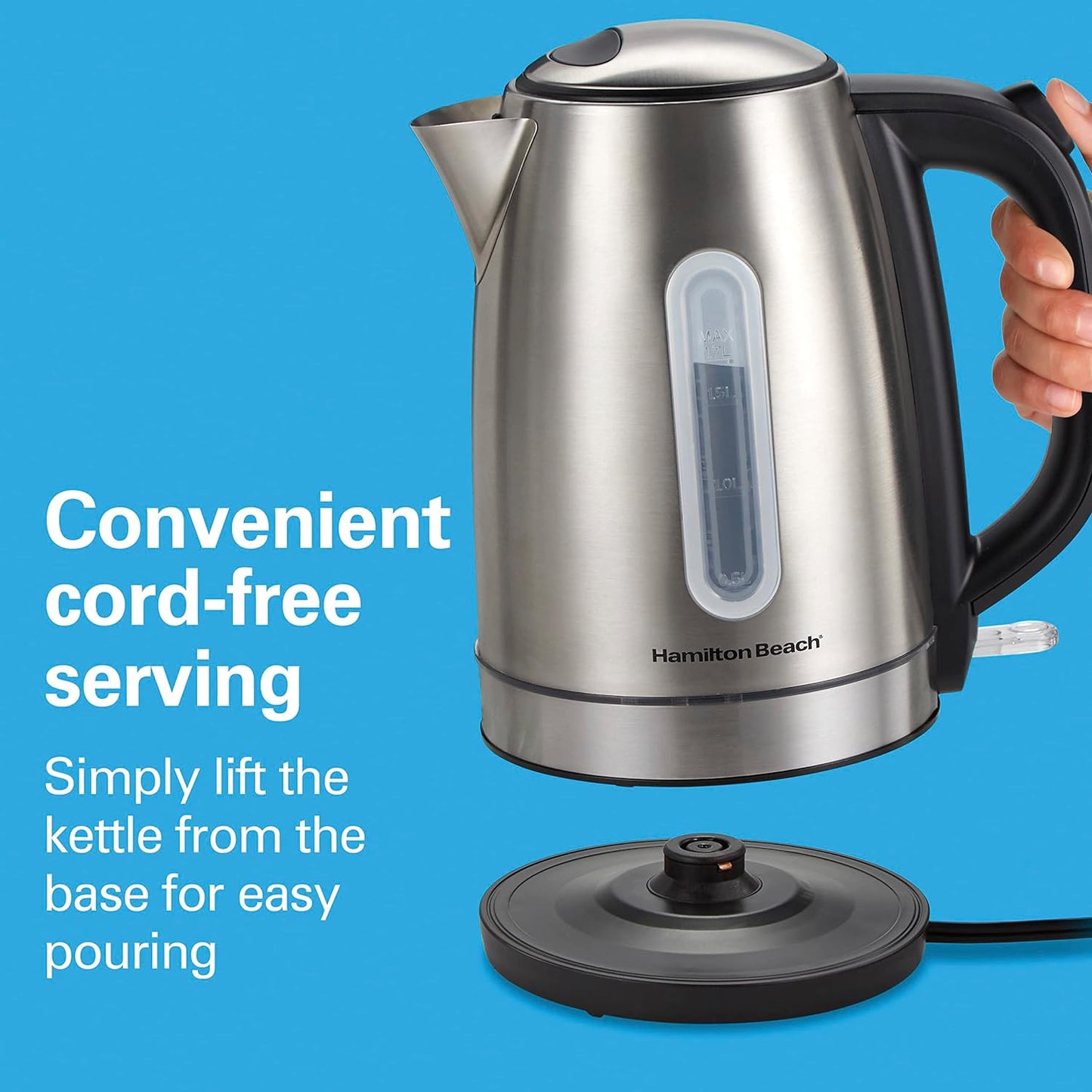 Hamilton Beach 1.7 Liter Electric Tea Kettle, Water Boiler & Heater | Fast Boiling 1500 Watts | BPA Free | Cordless Serving | Auto-Shutoff & Boil-Dry Protection | LED Light Ring | Stainless Steel