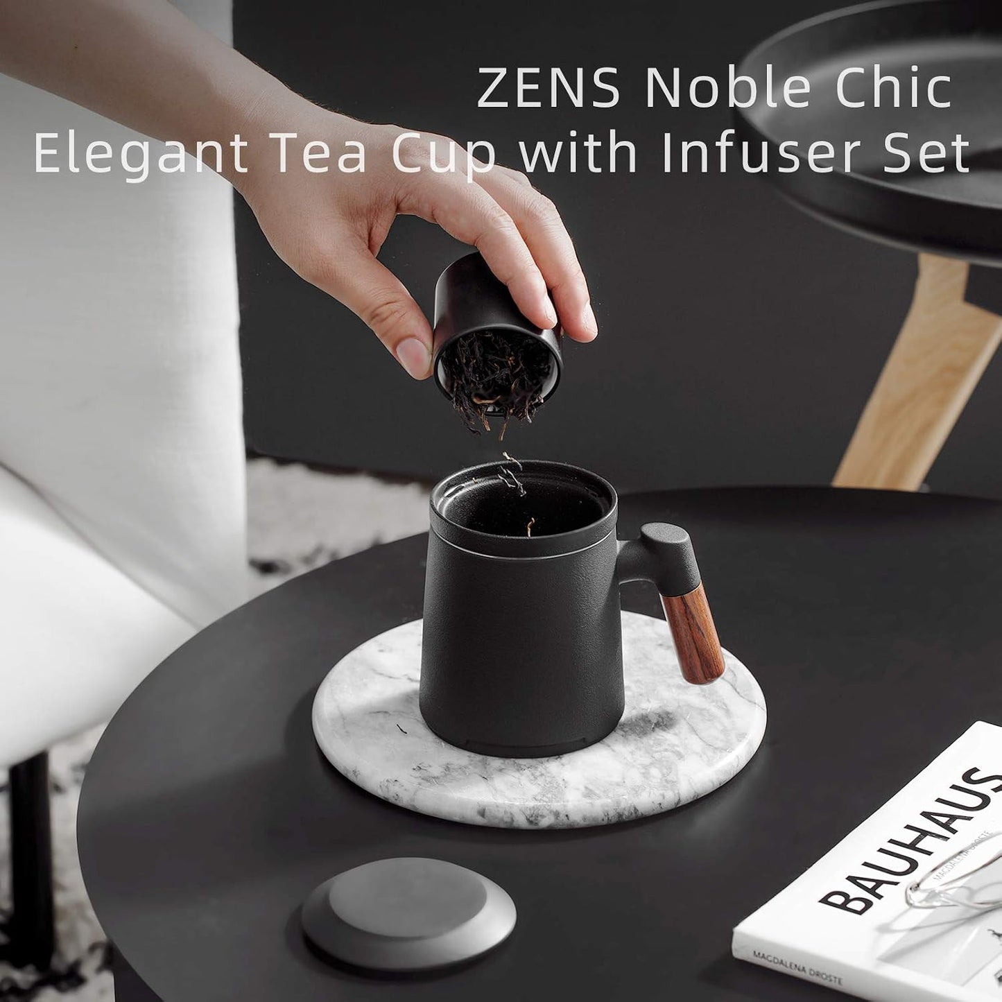ZENS Tea Mug with Infuser and Lid for Loose Leaf Tea Steeper, 16.9oz Moss | Embossed Ceramic Tea Cup with Infuser for Herbal Tea Difussers, Tea Lovers Gifts, Nature Wood Handle