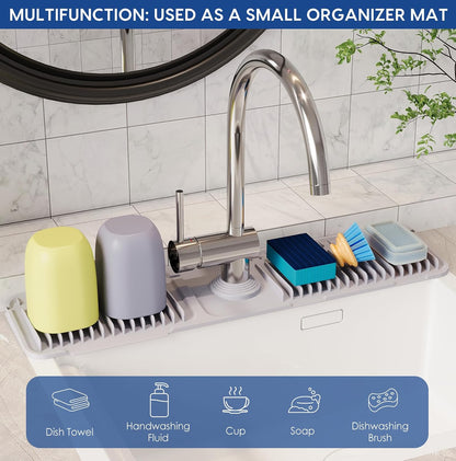24-Inch Silicone Faucet Mat for Kitchen Sink Splash Guard, 7° Slope | 24"x5.5" water draining mat with fasten button; 1.6-2.75" customizable hole for bathroom, RV & kitchen sink drip catcher.
