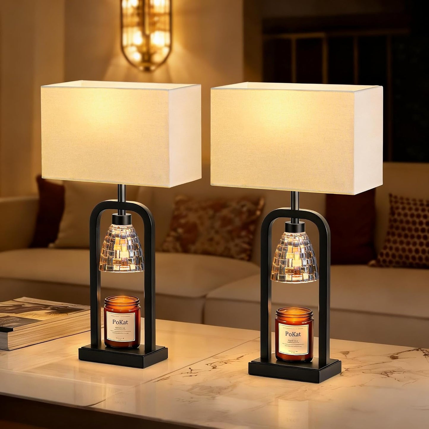 PoKat Gold Table Lamp Candle Warmer, Candle Warmer Lamp with Timer Dimmer, Wax Light Warming Table Lamp for Jar Candles, Modern Bedside Lamp for House Warming Home Decor Living Room, Bulb Included