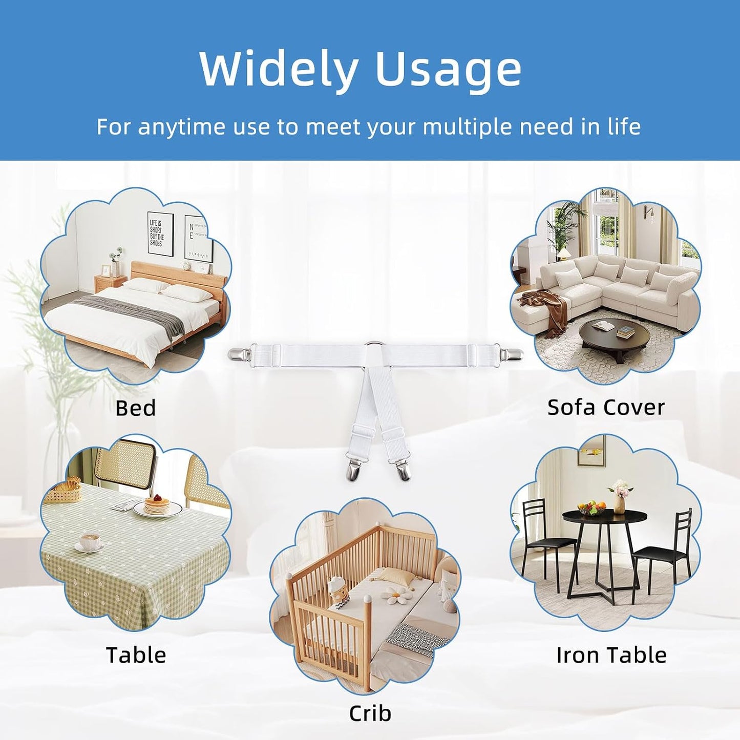 4PCS Adjustable Bed Sheet Holders, Elastic Mattress Sheet Fasteners Holder with Metal Clips for Hold Sheet, Mattress, Sofa, Couch, Table Cloth, (White)