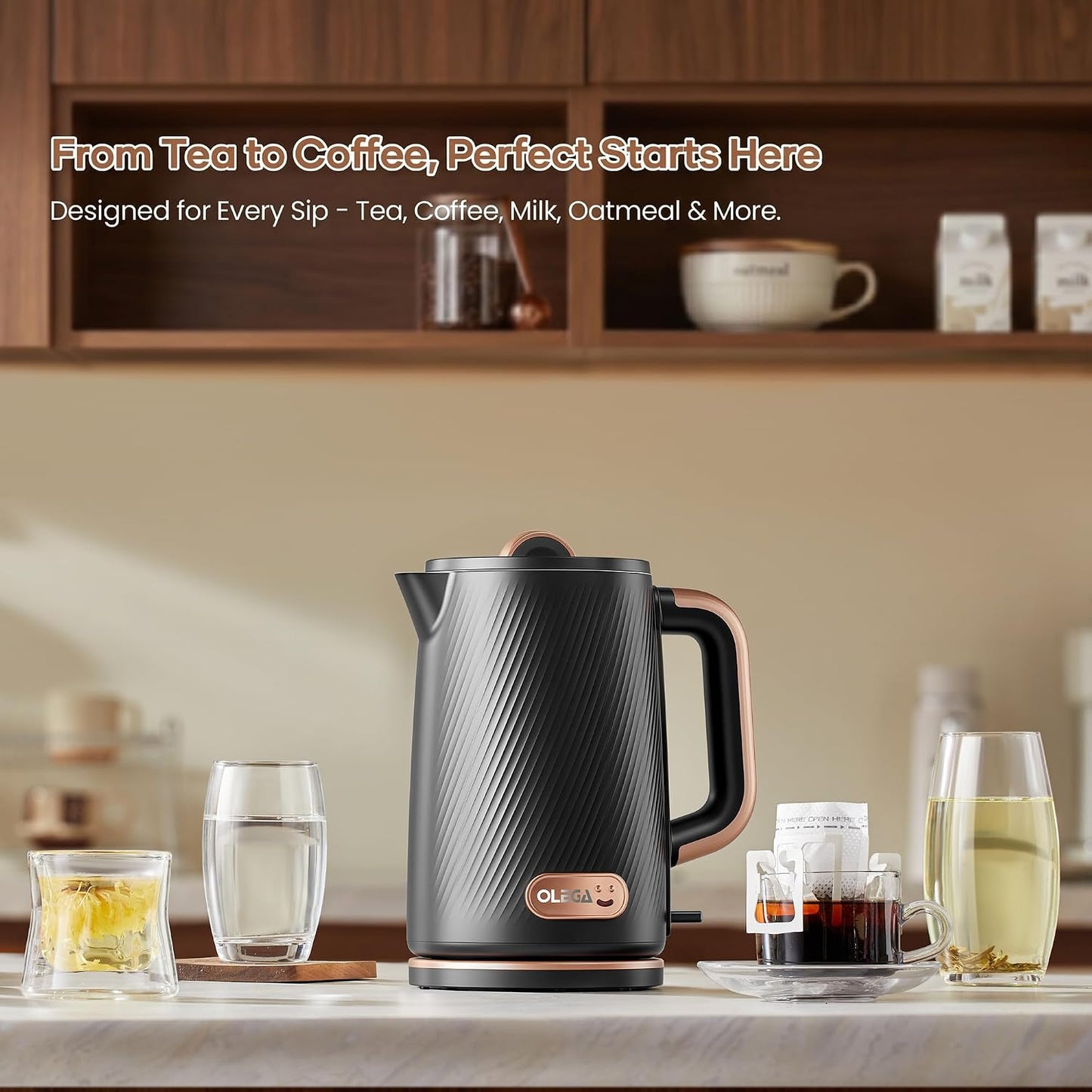 OLEGA Electric Tea Kettle: 1200W Fast Boil Electric Water Kettles 1.5L | Stainless Steel Kettle; Large Electric Water Kettle; Plastic Free Teapot; Auto Shut-Off Water Boiler; Fast Boil Kettles