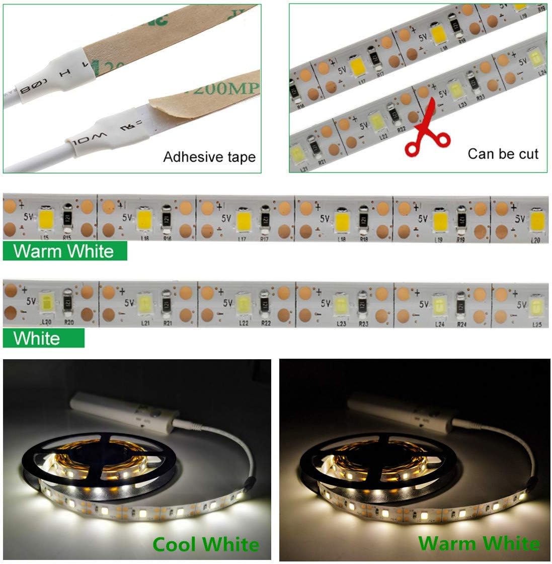 Battery Powered,Motion Sensor Led Light Strips Smart Night Light Motion Activated Led Strip Light for Room Cool White Light-5M / 16.4ft