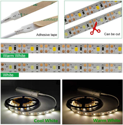 Battery Powered,Motion Sensor Led Light Strips Smart Night Light Motion Activated Led Strip Light for Room Cool White Light-5M / 16.4ft