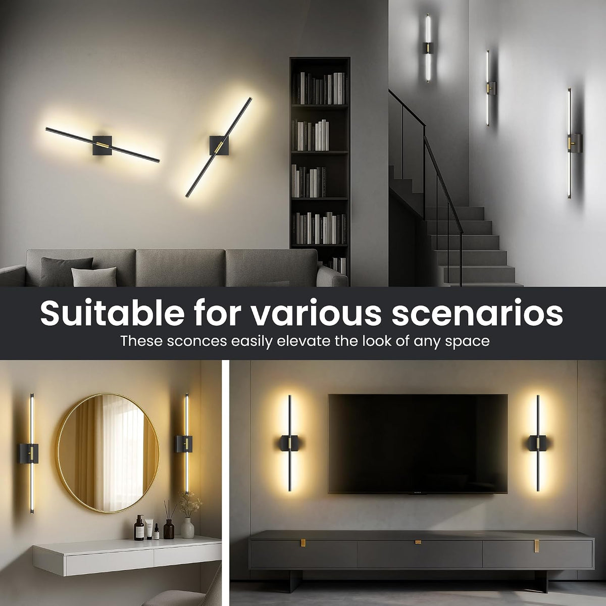 10000mAh Rechargeable Wall Lights, Black Gold, 29 Inch, 3CCT, 2 Pack
