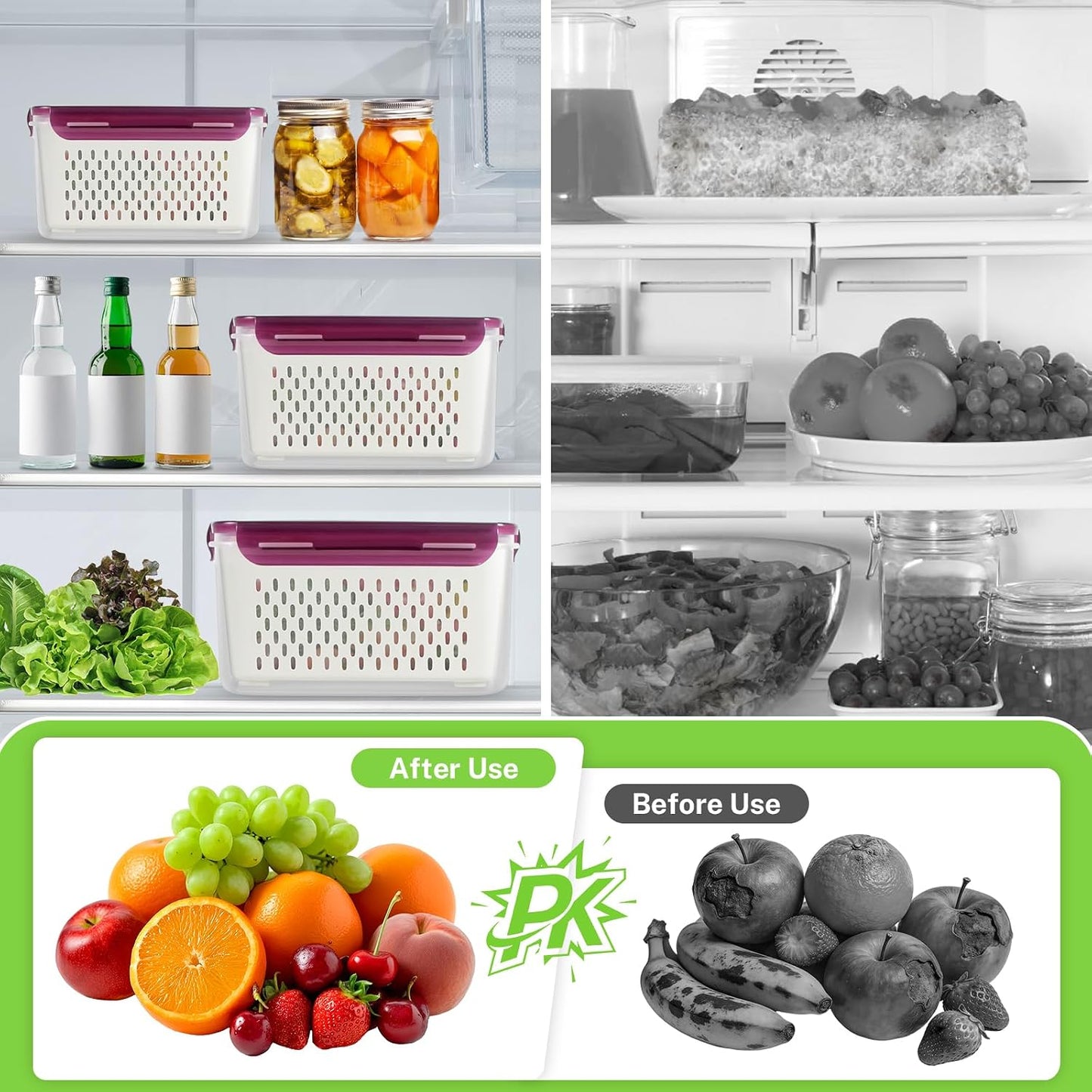 8 Pieces Fruit Storage Containers for Fridge with Lids and Strainer | 4Pack Fruit Containers for Fridge, Fresh Produce Saver Keeper for Vegetable Fruit Salad, BPA Free Organizer for Refrigerator