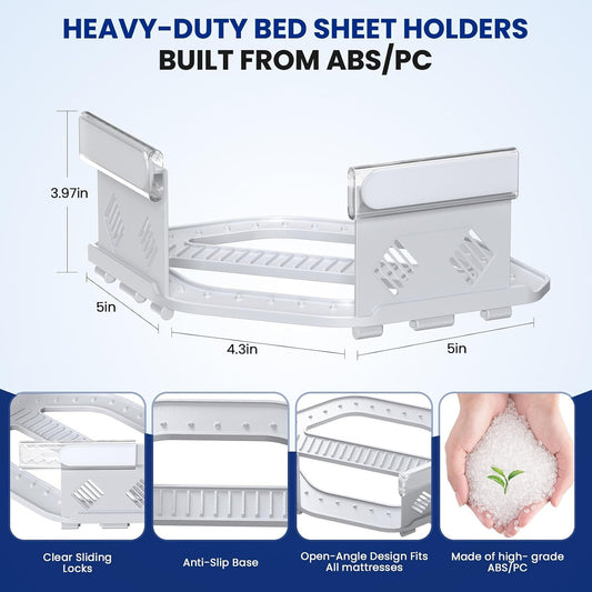 Bed Sheet Holders for Corners, Fitted Sheet Holders for Secure Grip, 4Pack | Heavy Duty Sheet Grippers Keep Sheets Firm & Tight, Bed Sheet Clips with Clear Lock Design, Easy Install for All Mattress