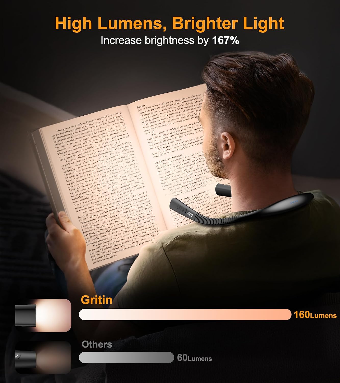 Gritin Book Light, Eye Caring 4-Color&5-Brightness Neck Light Reading Light | Stepless Dimming, 30-min Timer, 80+ Hrs Runtime, Bendable Round Neck Design, Lightweight for Reading, Knitting, Repairing