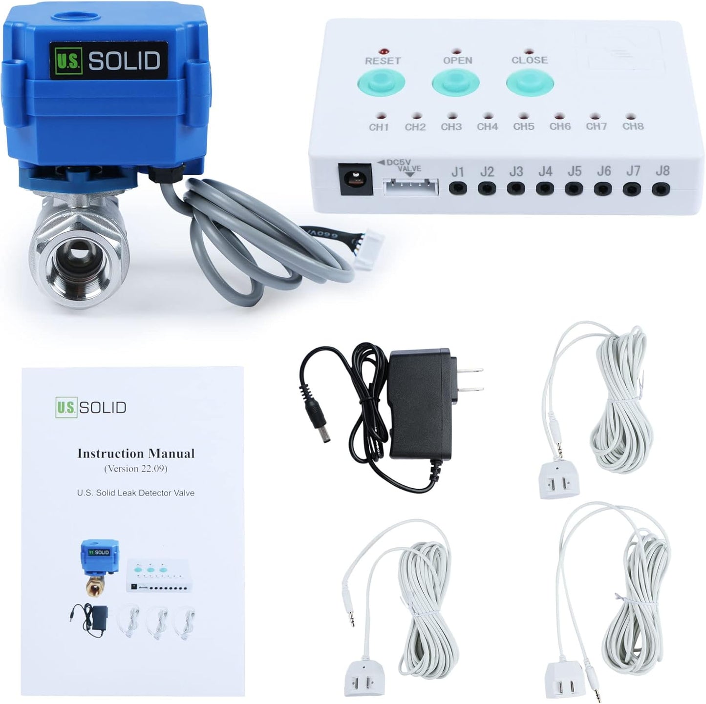 U.S. Solid Water Leak Detector with Auto Shutoff Valve, Sound Alarm, 3/4" Motorized Brass Ball Valve & 3 Sensors, Home Flood Prevention & Water Damage Defense for Basement, Laundry, Water Heater