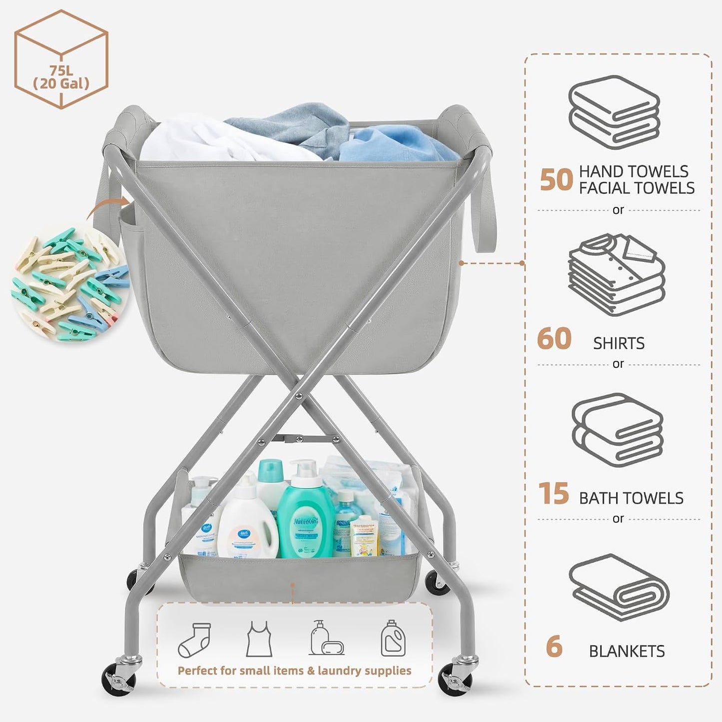 STORAGE MANIAC Collapsible Laundry Cart with Wheels 35.6"H Removable Canvas Bag Rolling Laundry Hamper Clothes Basket with Wheels, Sturdy Steel Frame Folding for Small Narrow Space Easy Storage, Beige