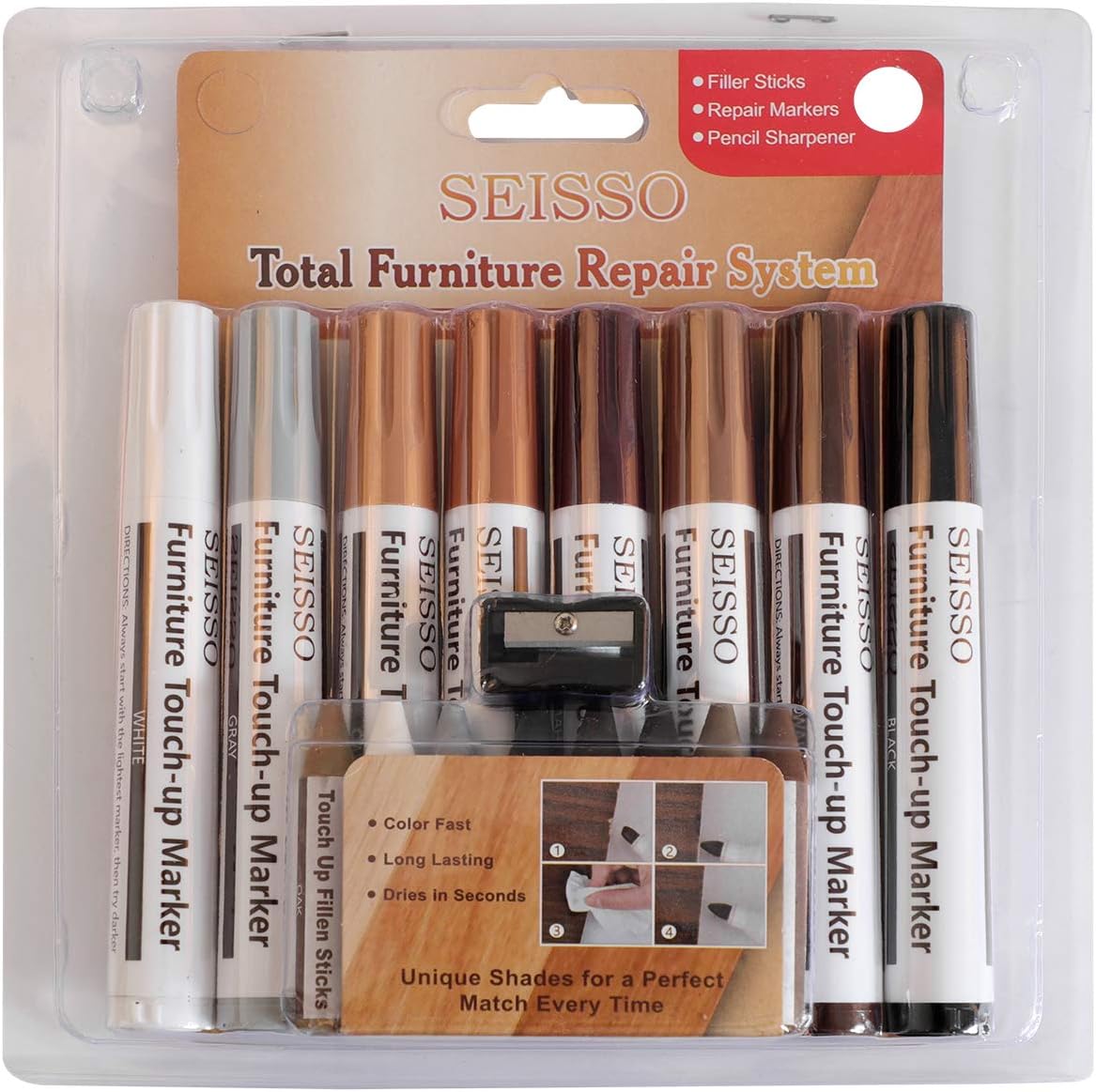 SEISSO Furniture Repair Kit - Set of 42 - Wood Repair Kit Wood Fillers, Furniture Scratch Repair Markers and Wax Sticks with Scraper, Brushes, for Scratches, Stains, Wood Floor, Laminate, Cabinet