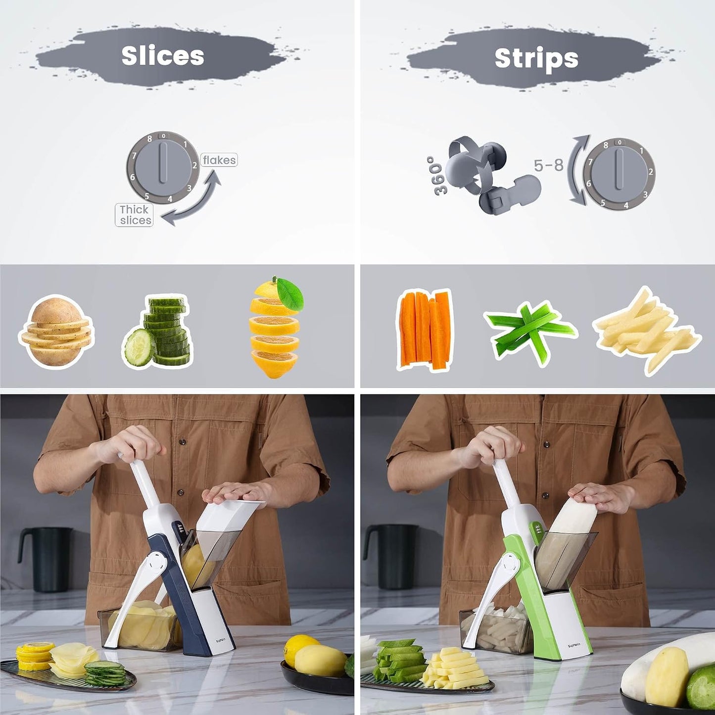 SupMaKin Safe Mandoline Slicer for Kitchen,Adjustable Potato Slicer 1-8 mm | 4 Modes Slice, Strips,Julienne Dicer,Vegetables Slicer Fry Food Cutter,Stainless Steel Blades, Foldable Dishwasher Safe,Gifts