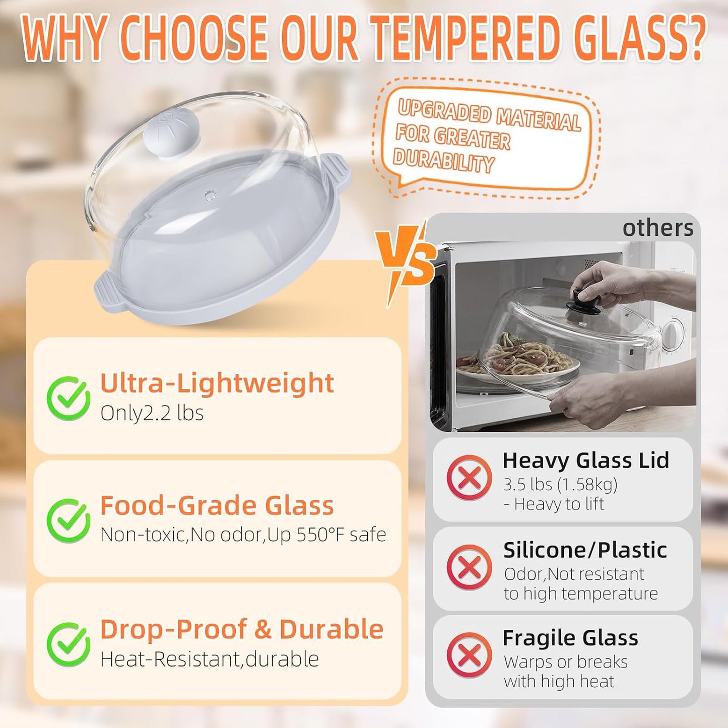 2 in-1 Glass Microwave Cover for Food-10.23” Tempered Glass Microwave Splatter Cover & Food Grade Silicone Tray with Anti-Scald Handles,Tall Glass Plate Guard with Vent Holes-BPA Free,Dishwasher Safe