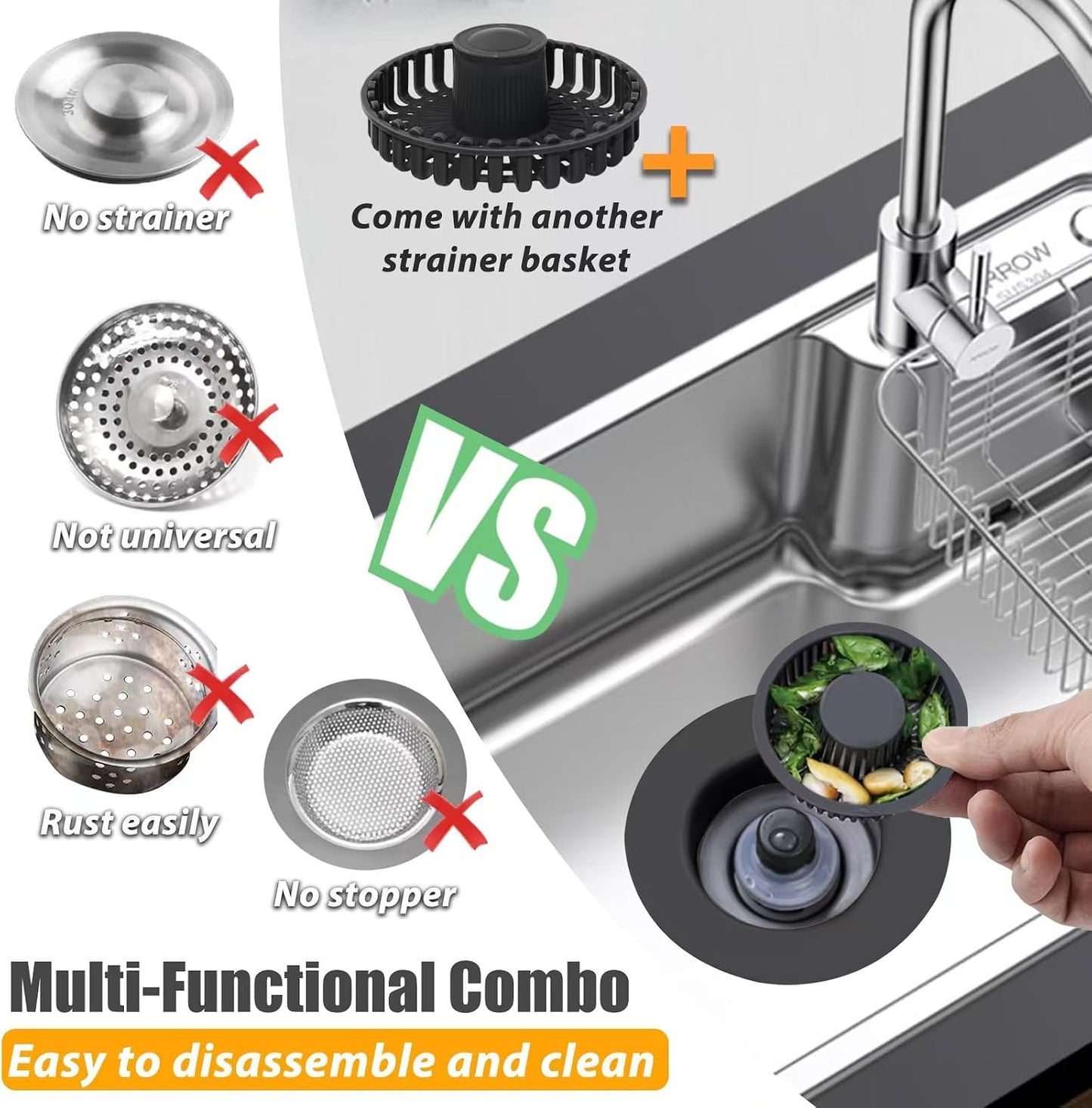 Anlige Kitchen Sink Drain Strainer, 3 in 1 Pop Up Kitchen Sink Stopper, with An Extra Basket Strainer, Universal for US Standard 3-1/2 Inch, Chrome Silver