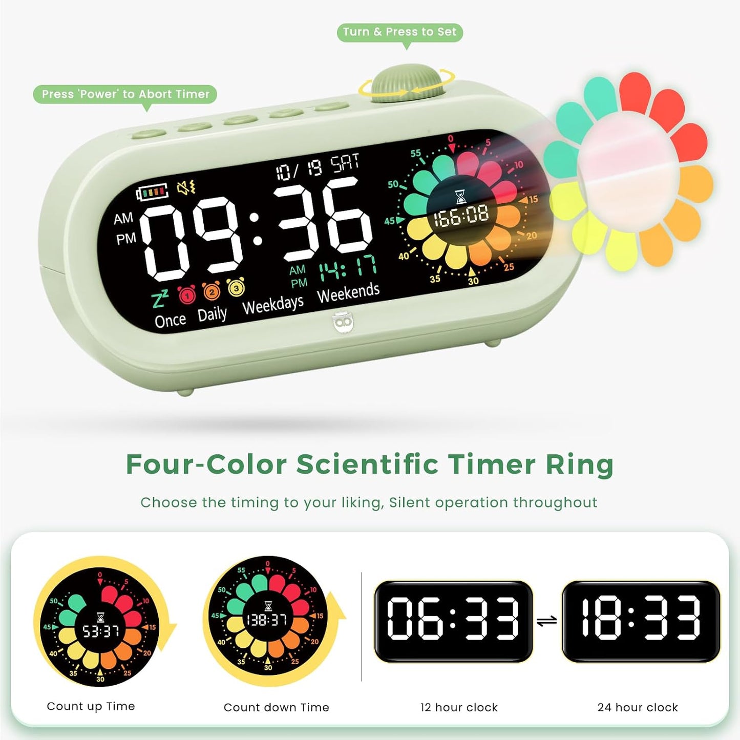 Mooking 3 in 1 Digital Alarm Clock for Bedroom with Visual Timer for Kids | Rechargeable Clock with Multiple Alarms, 199-Minute Timers Silent Non Ticking, Time Management Tools for Home School Study