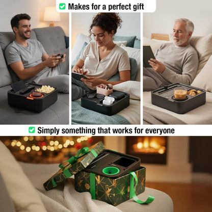 Original Tray - Drinks & Snacks Sofa Caddy with Armrest, Table with Phone Stand- TV Remote Control Storage and Organizer - for Living Rooms, RV, and Cars, Black/Green
