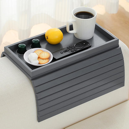 Bamboo Couch Arm Tray Table，Foldable Sofa Armrest Tray Table for Couch，Flexible and Anti-Slip Couch Arm Cup Holder，Portable Sofa Arm Chair Table for Drink,Cups, Eats，Snacks, Phone, Remote