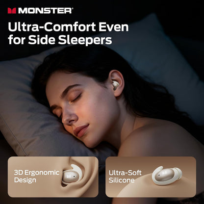 Monster Sleep Ear100 Ear Buds, Sleep Earbuds with Stereo Sound, Design for Side Sleeper, 32H Playtime, Bluetooth 6.0, ENC Noise Cancelling, IPX6 Waterproof Mini Headphones, White